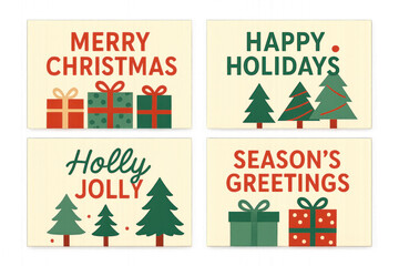 Christmas cards with presents and ornaments isolated on transparent background.