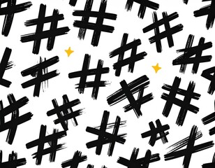 Obraz premium Hashtag chaos. Black brushstrokes form symbols scattered on white. Two tiny yellow stars appear