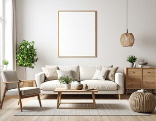 Naklejka premium Lightfilled living room with neutral tones wooden accents and blank frame