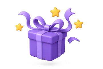 Purple gift box with star design, isolated on transparent background.