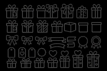 Fototapeta premium Gift boxes and bows in various sizes and colors isolated on transparent background.