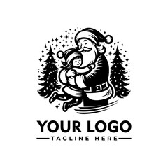 Santa Claus hugging happy child in festive black and white vector illustration, joyful Christmas holiday moment
