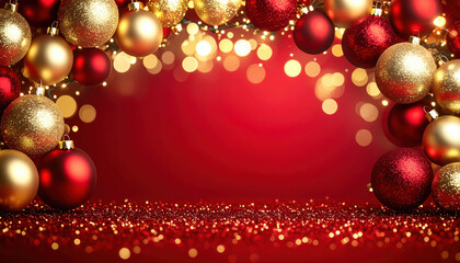 Red and gold Christmas background with sparkling lights, glitter, and festive ornaments, creating warm, joyful holiday atmosphere and large empty area for text