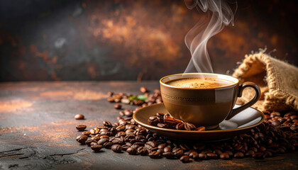 Fototapeta premium Steaming cup of coffee sits on saucer surrounded by roasted coffee bean, rustic burlap sack, and warm brown background, creating cozy and inviting atmosphere