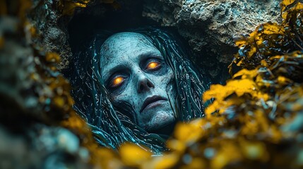 Obraz premium Enigmatic creature emerging from underground in a mysterious autumn setting