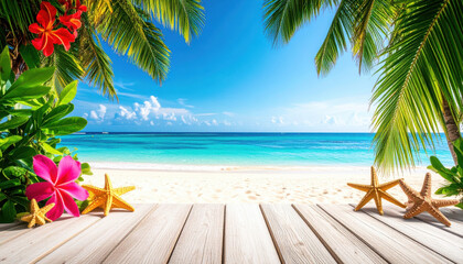 Obraz premium Tropical beach with turquoise sea, white sand, palm leaves, vibrant flowers, and starfish on wooden deck, creating relaxing summer vacation background
