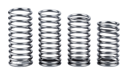 Four metallic springs of varying sizes isolated on transparent background