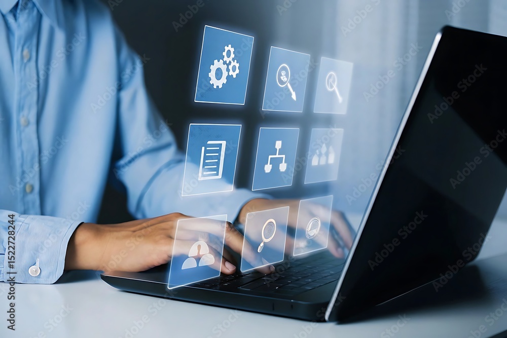 Poster business person working on a laptop with digital icons representing business processes and managemen