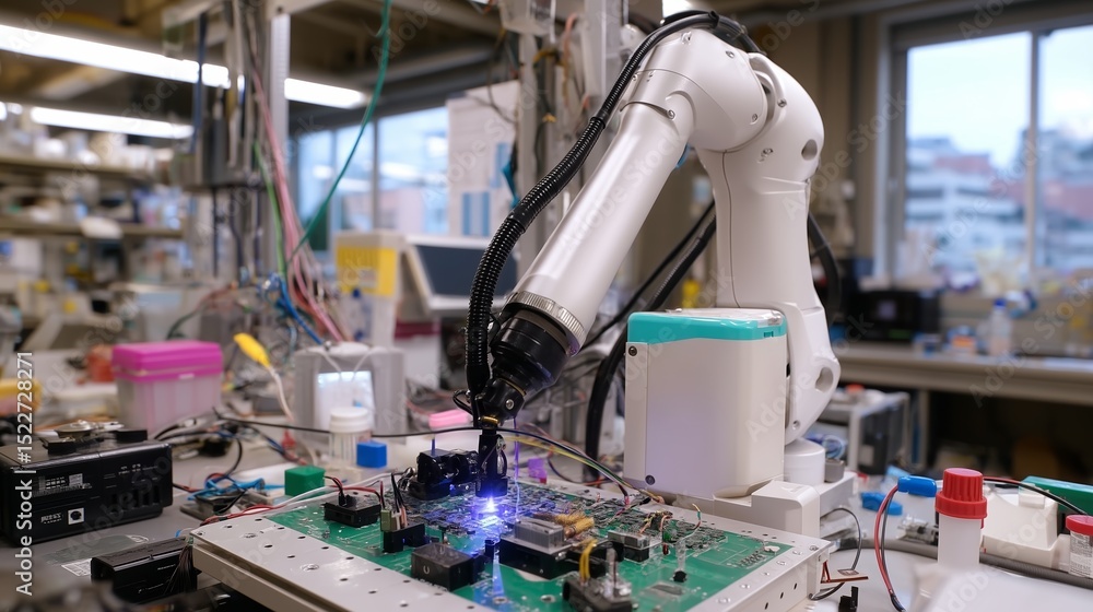 Poster robotic arm assembling components in a modern electronics workshop during daytime