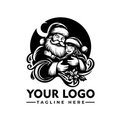 Santa Claus hugging happy child in festive black and white vector illustration, joyful Christmas holiday moment
