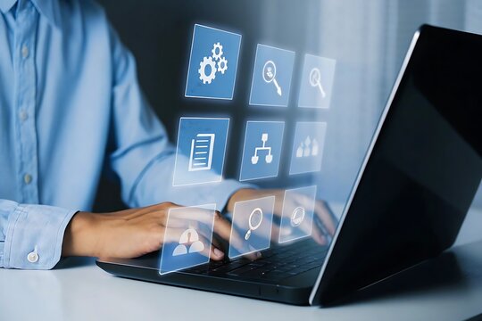 Business person working on a laptop with digital icons representing business processes and management modern technology and workflow automation concept