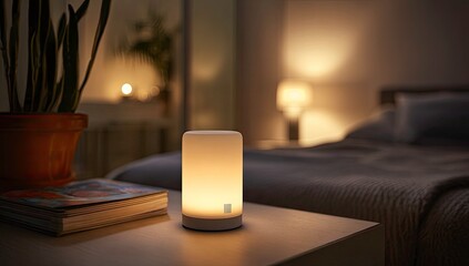 Warm Bedside Lamp Illuminating a Bedroom with a Book and Plant Nearby