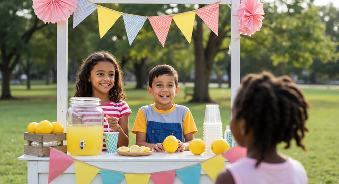 Children running colorful lemonade stand with yellow decorations in park. Girl and boy selling fresh drinks with bunting flags and lemons. Summer business and entrepreneurship. Kids activity sale - Powered by Adobe