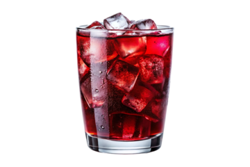 glass of red soda soft drink with ice cubes image isolated on transparent background