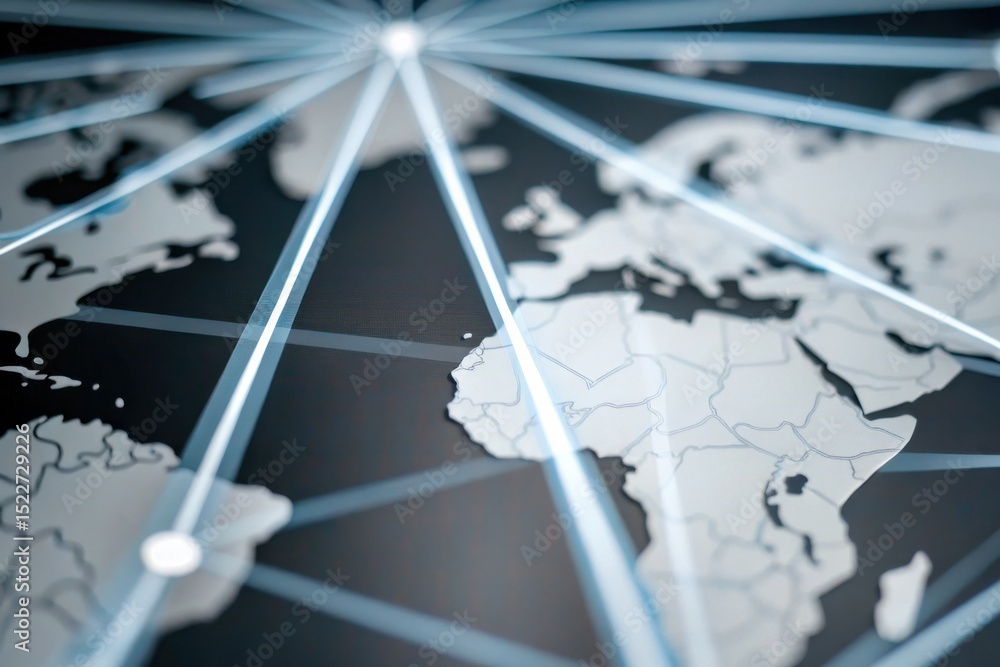 Poster a stylized world map with interconnected lines, symbolizing global communication and international c