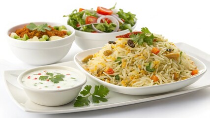 Delicious Indian Cuisine: Vegetable Biryani with Raita and Salad