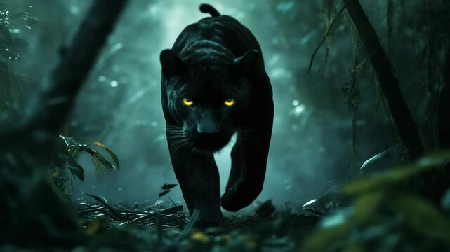 A black panther is walking through a forest. The image has a dark and mysterious mood, with the panther's yellow eyes adding to the sense of danger and intrigue