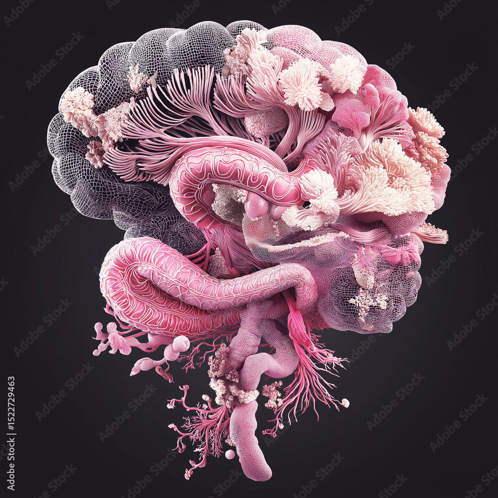 Poster gut brain axis. artistic representation of intestine transforming into brain tissue.