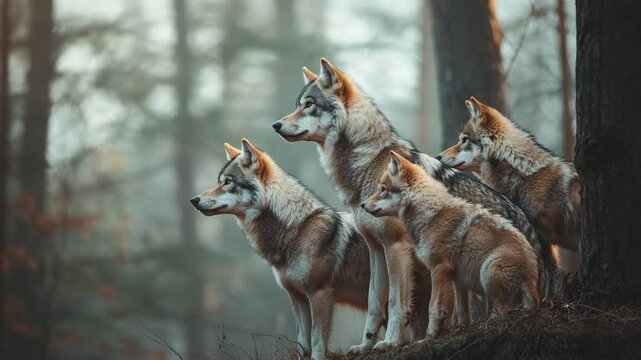 A pack of wolves standing on a forest floor. The pack consists of four adult wolves and three young wolves. Scene is peaceful and serene, as the wolves are standing together in a natural setting