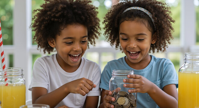 Two girls with curly hair holding glass jar with coins and lemonade glasses. Children learning money saving and entrepreneurship. Financial education and business. Banking service sale