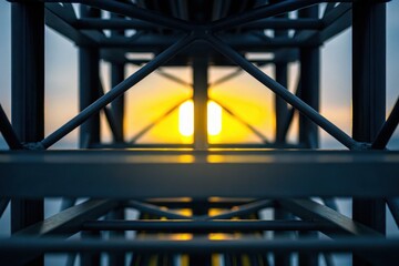 Fototapeta premium A geometric metal structure frames a vibrant sunset, creating a symmetrical and industrial visual effect.