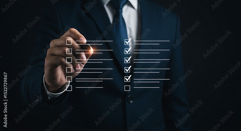 Poster businessman completing a digital checklist with pen showing task management productivity and efficie