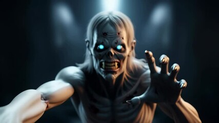 Spooky zombie man with glowing eyes reaching out. Scary undead creature for Halloween horror footage.
