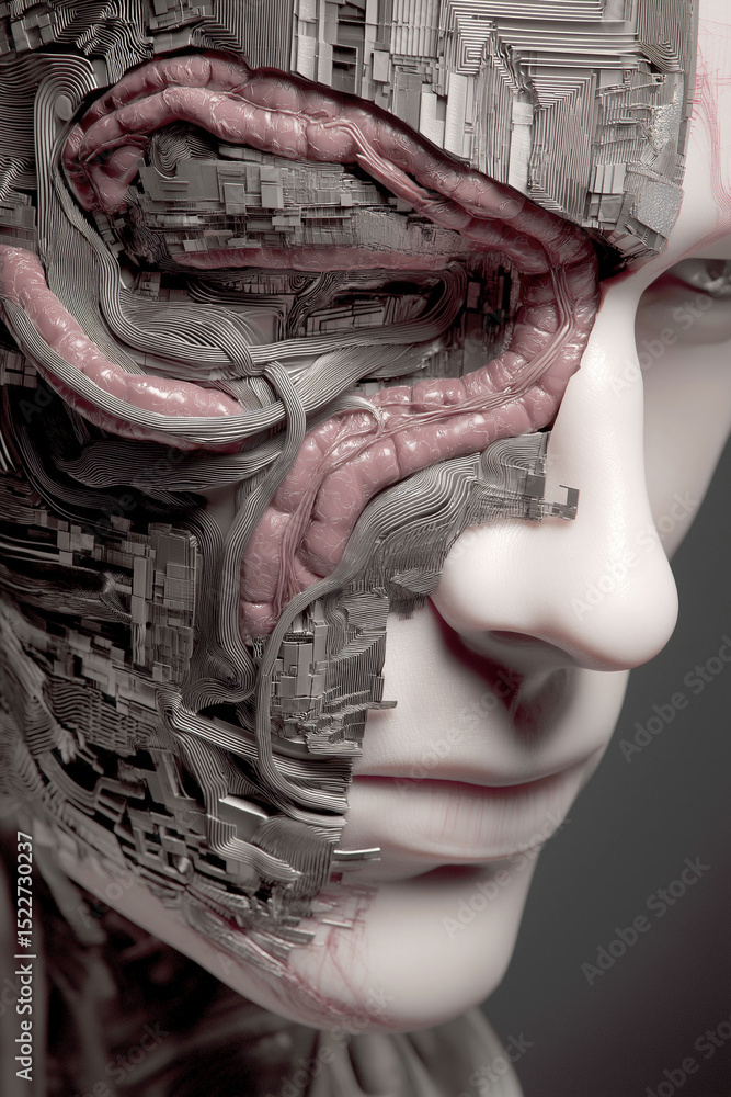 Aufkleber gut brain axis. split face showing brain and intestine, illustrating gut-brain axis.