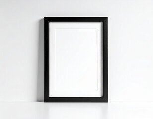 Minimalist black frame with white matte on white wall and table surface portrait orientation