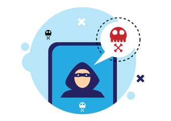 Hacked Mobile Phone by Criminal Flat Illustration in Circle. Crime online and hacking a mobile device