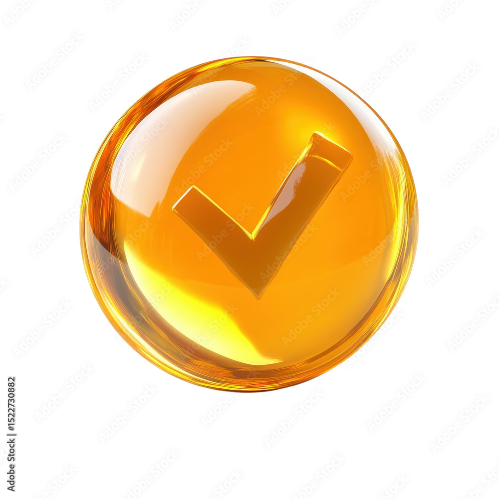 Poster golden approval 3d check mark icon transparent sphere validation quality on transparent background