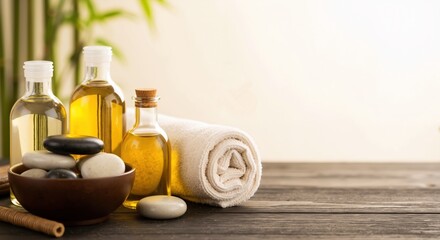 Natural spa products with essential oils bottles towels and stones on wooden surface. Aromatherapy massage oils and wellness accessories for relaxation treatment. Holistic therapy. Spa equipment sale