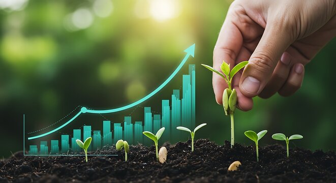 Wind Turbine Farm with Data Visualization Overlay at Sunset Representing Sustainable Energy and Financial Growth in Renewable Resources