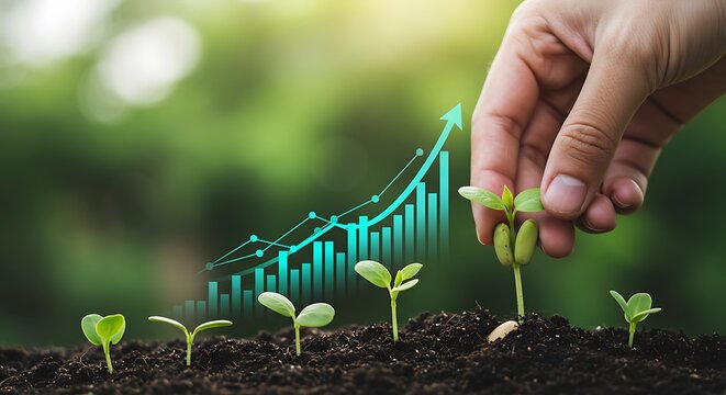 Wind Turbine Farm with Financial Data Overlay at Sunset Representing Green Energy Investment and Sustainable Growth