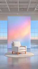 Off-White Armchair with Pastel Gradient Background in Modern Studio