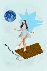 Vertical 3d poster art collage of happy girl guy stand space galaxy moon planet cosmos discovery...
