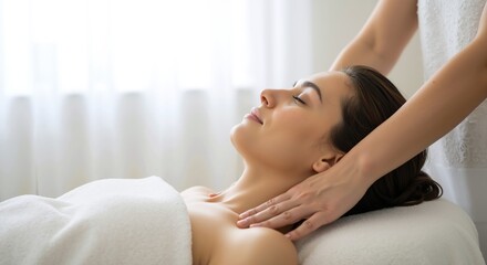 Woman receiving head neck massage spa treatment relaxing table. Professional therapist hands client wellness therapy concept. Copy space