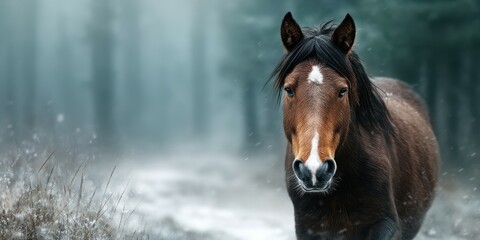 Majestic horse wandering through a foggy forest trail during early morning hours
