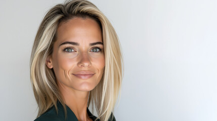 Fototapeta premium Smiling blonde woman with natural makeup and glowing skin on white background. Female showing confident expression and radiant complexion. Beauty wellness and skincare concept. Beauty product sale