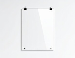 Minimalist clear acrylic sign hanging on a white wall with binder clips and silver standoffs