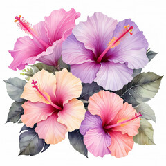 Watercolor flower hibiscus blossom petal. Soft bouquet hibiscus, tropical flowers bouquet, cala lily, green palm leaves, isolated white background