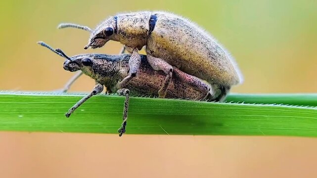 Mating Weevil Beetles Macro Close Up on Green Leaf 4K High Quality