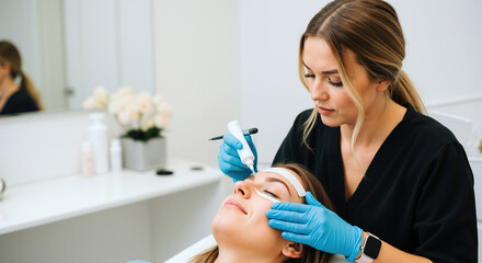 Professional beautician performing eyebrow microblading with needle tool on woman face in beauty salon. Specialist creating precise brow strokes with advanced equipment. Beauty enhancement. treatment