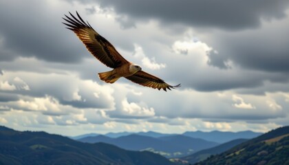 Fototapeta premium energetic red kite flying high above a mountainous landscape during a stormy afternoon