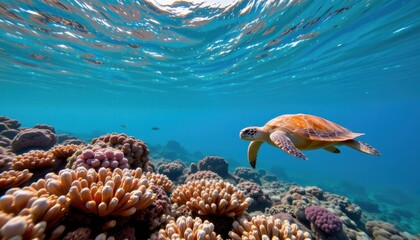 Fototapeta premium colorful green turtle swimming through a coral reef in the ocean with a bright blue sky
