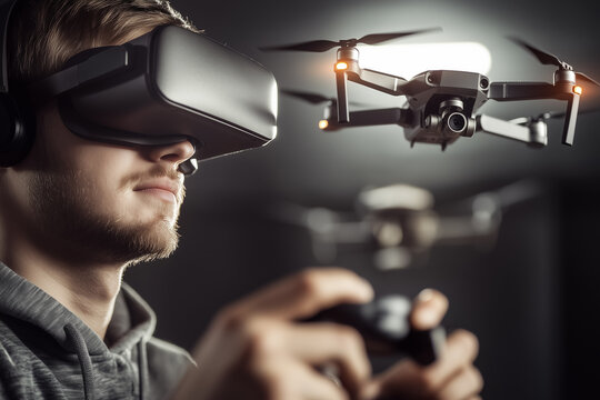 Person man in virtual reality glasses with a joystick in hand controlling a drone quadcopter.