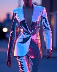 Sustainable Futuristic Fashion futuristic power fashion, chrome street style editorial, chrome power suit fashion, futuristic neon reflective outfit, cyber glam metallic style
