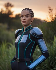 Sustainable Futuristic Fashion solar-powered fashion innovation, sustainable energy wearables, solar powered futuristic fashion, sustainable tech suit female model, sci-fi energy wearable outfit