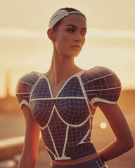 Sustainable Futuristic Fashion solar-powered fashion tech, wearable energy design, futuristic couture concept, solar panel fashion armor, futuristic wearable energy suit