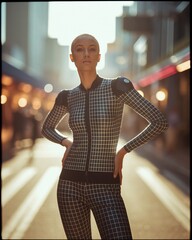 Sustainable Futuristic Fashion urban sci-fi fashion, futuristic runway street style, futuristic grid pattern fashion, cyber streetwear female model, tech inspired suit in city light